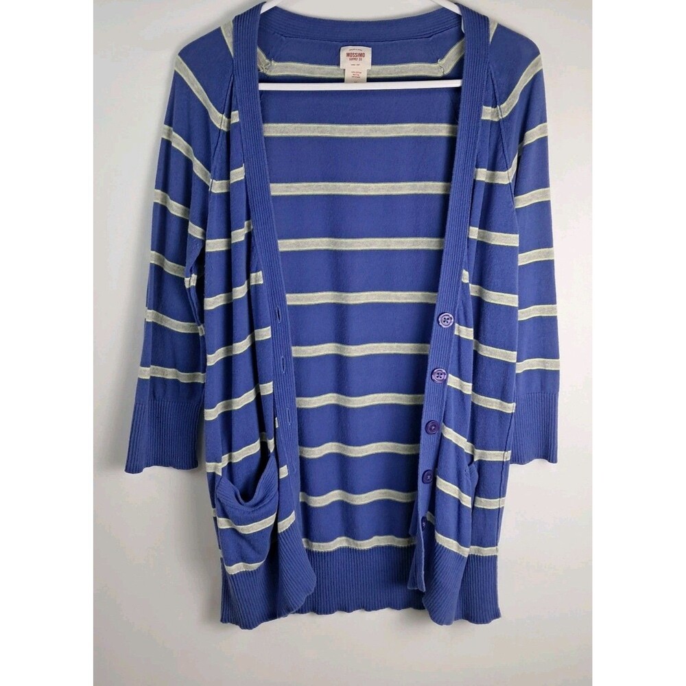 Mossimo Womens Medium Cardigan Blue Gray Green Stripe 3/4 Sleeve Button